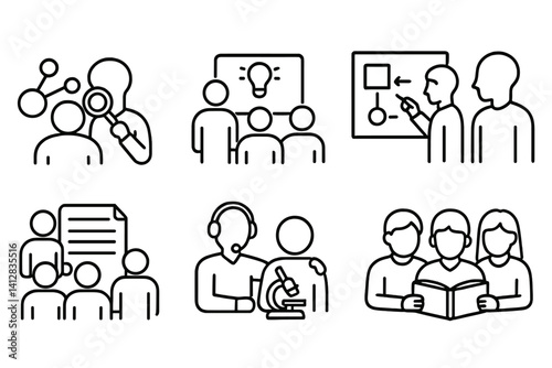 outline vector icons of academic teams: research group, student project, study group, team lab, group notes, tutor support, whiteboard sketch, classroom team. set of line style icons in a modern,