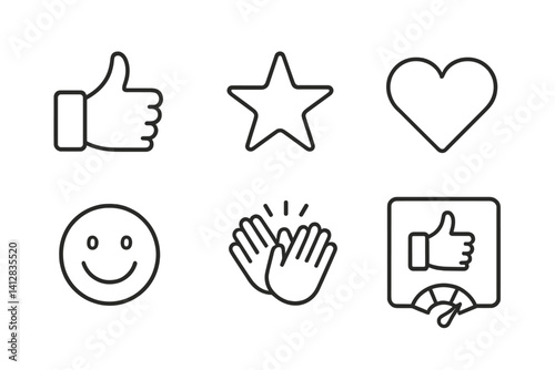 outline vector icons of user feedback tools: thumbs up, thumbs down, emoji scale, comment box, feedback popup, survey icon, review form, star rating. set of line style icons in a modern, minimalist