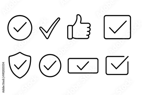 outline vector icons of communication confirmations: call confirmed, chat verified, meeting check, email received, invite ok, message sent, Zoom joined, reply marked. set of line style icons in a