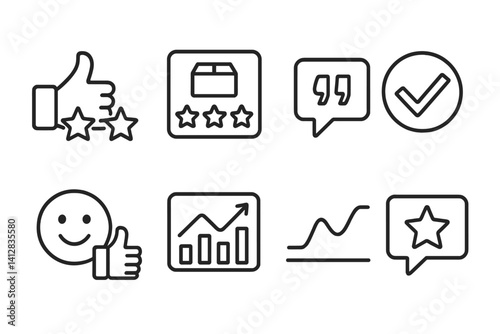 outline vector icons of review indicators: thumbs up with stars, product rating, review quote, verified review, satisfaction icon, smile with thumb, sentiment chart, item score. set of line style