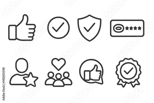 outline vector icons of brand approval: thumbs up logo, verified mark, trusted badge, rating icon, audience favorite, fan icon, logo endorsement, approval seal. set of line style icons in a modern,