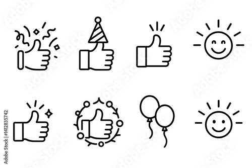 outline vector icons of celebration thumbs: confetti and thumb, party hat with like, thumbs in spotlight, smiley with rays, joyful feedback, festive approval, balloons and thumbs, happy reaction. set