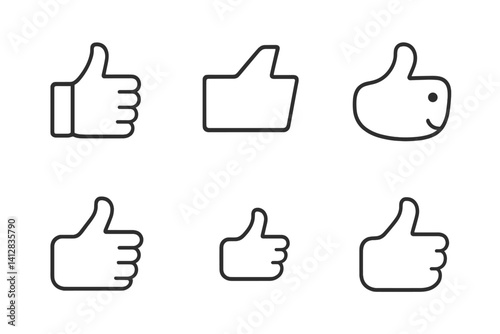 outline vector icons of thumbs up gestures: hand with thumb up, outlined thumb, side view thumbs up, thumb in circle, hand with wristband, gesture with motion lines, approval hand, raised thumb. set