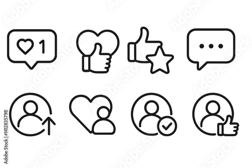 outline vector icons of content engagement: thumbs up on video, blog like icon, article reaction, content rating, comment approval, media thumbs, viewer feedback, reader thumbs. ine style icons in a