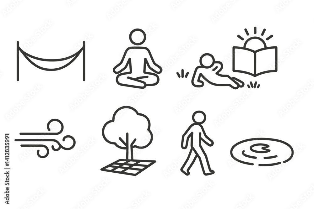 outline vector icons of reading for relaxation: hammock and book, candle icon, hot drink, night reading, cozy corner, blanket icon, background music, slippers. set of line style icons in a modern,
