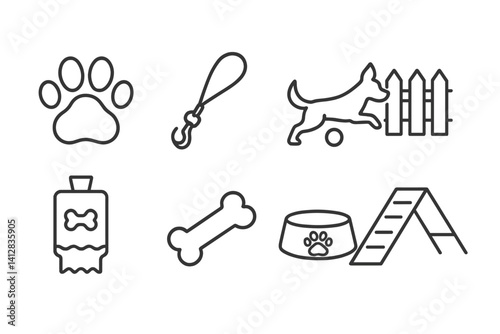 outline vector icons of dog parks: dog paw, leash icon, dog playing, fenced area, waste bag dispenser, bone symbol, dog water bowl, agility ramp. ine style icons in a modern, minimalist design.