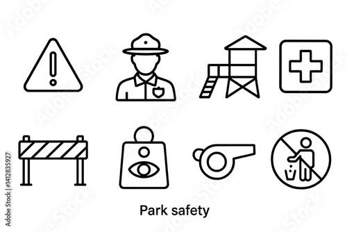 outline vector icons of park safety: caution sign, park ranger, lifeguard stand, first aid icon, safety barrier, lost and found, whistle icon, no littering sign. set of line style icons in a modern,