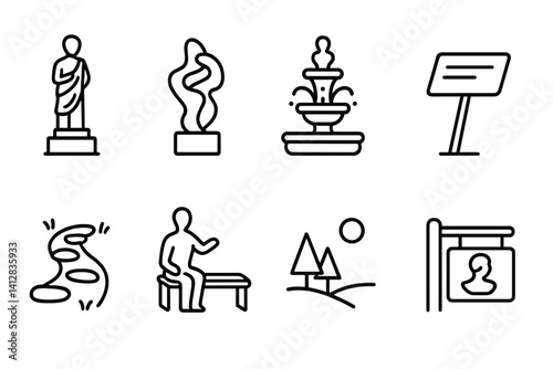 outline vector icons of brain and art: art and brain, creative cortex, painting thought, music brain, sculpture mind, visual creativity, color brain, expression icon. set of line style icons in a