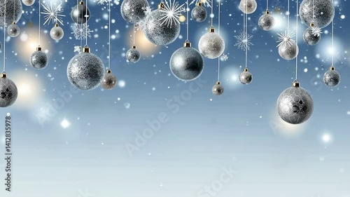 Christmas gold, silver and blue balls frame. Shining hanging Christmas balls. Blue background. Shining bokeh effect.  and a New Year's video card