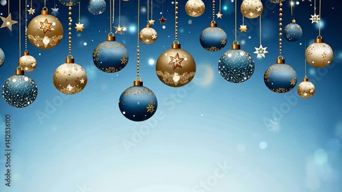 Christmas gold, silver and blue balls frame. Shining hanging Christmas balls. Blue background. Shining bokeh effect.  and a New Year's video card