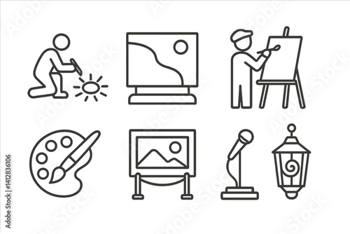outline vector icons of park art: chalk drawing, mural wall, sculpture base, artist with easel, paint palette, public exhibit sign, open mic stage, lantern art. set of line style icons in a modern,