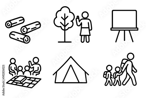 outline vector icons of outdoor classrooms: log seating, teacher with tree, whiteboard on stand, chalkboard sign, group learning, open tent classroom, books on blanket, field trip icon. set of line