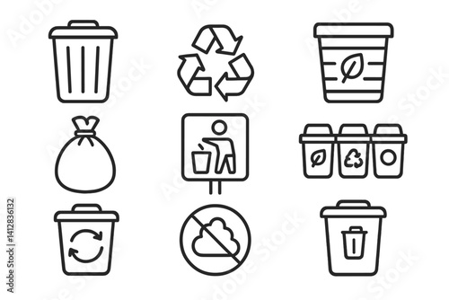 outline vector icons of park waste management: trash bin, recycling icon, compost bin, waste bag, littering sign, sort bins, bin with arrows, no dumping icon. set of line style icons in a modern,