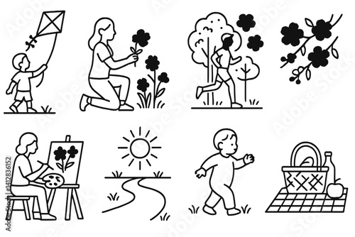 outline vector icons of spring in the park: blooming tree, tulip, butterfly, pollen swirl, park bench with flowers, sunrise, rain cloud, rainbow icon. set of line style icons in a modern, minimalist