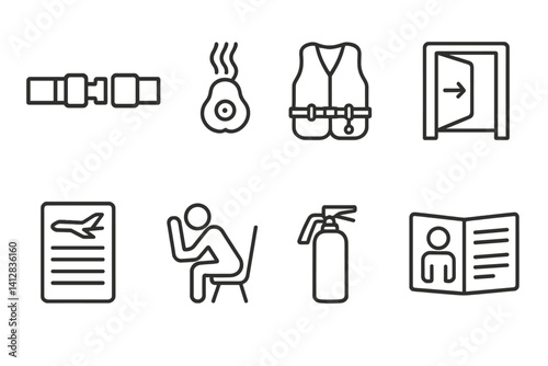 outline vector icons of airplane safety: seatbelt, oxygen mask, life vest, emergency exit, safety card, brace position, fire extinguisher, safety instructions. set of line style icons in a modern,