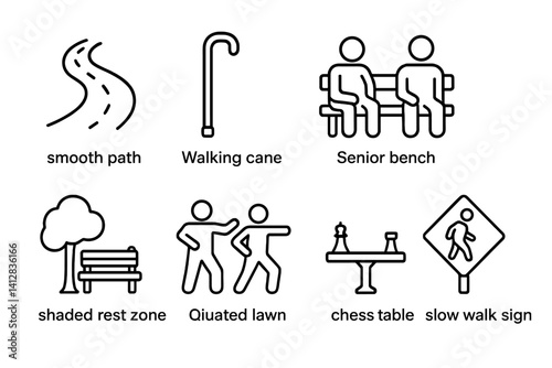 outline vector icons of park for seniors: smooth path, walking cane, senior bench, tai chi group, shaded rest zone, chess table, quiet lawn, slow walk sign. set of line style icons in a modern,