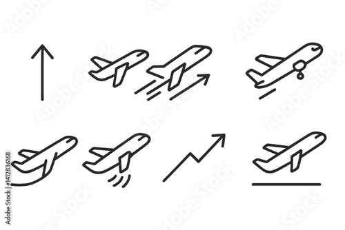 outline vector icons of airplane takeoff: upward arrow, climbing jet, full thrust icon, retracting gear, flight path up, engine roar, ascending icon, takeoff. set of line style icons in a modern,