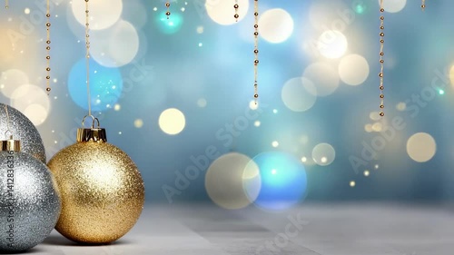 Christmas background with golden balls. Christmas balls. Shining Christmas balls, gold glitter, stars. Shining bokeh effect. and a New Year's video card