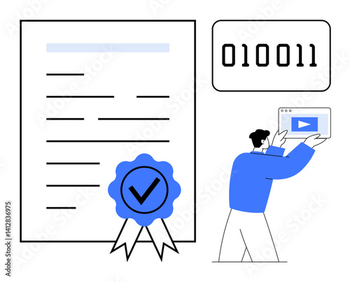 Certificate with seal of approval, binary code symbol, and person holding tablet with video content. Ideal for education, technology, digital certification, e-learning, innovation, programming