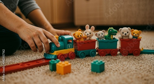 Child playing with colorful toy train and animal figures indoors  