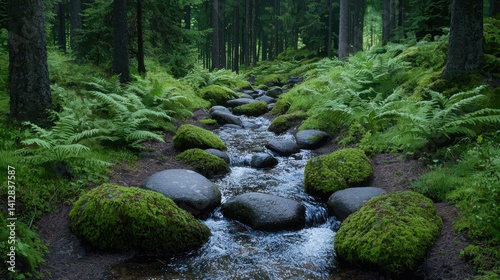 A gentle stream flows through a lush forest, bordered by vibrant ferns and moss-covered stones under soft morning light. The atmosphere feels peaceful and refreshing.