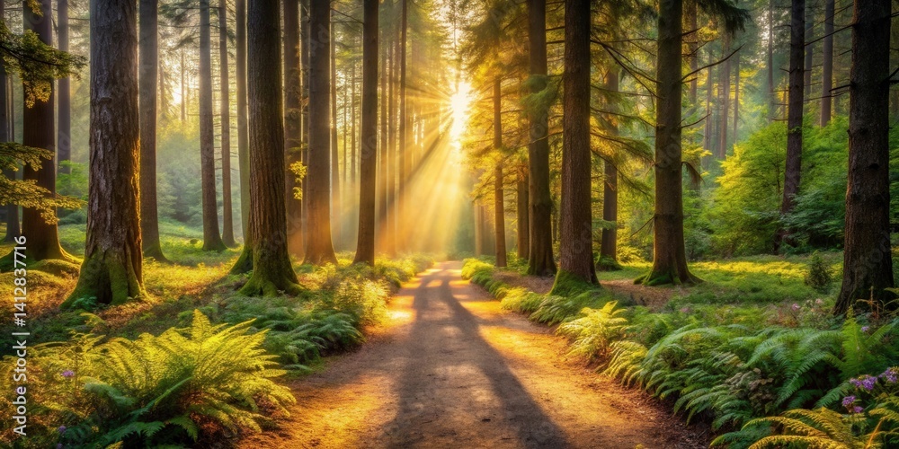 Obraz premium Sunlit Path Through a Verdant Forest at Dawn
