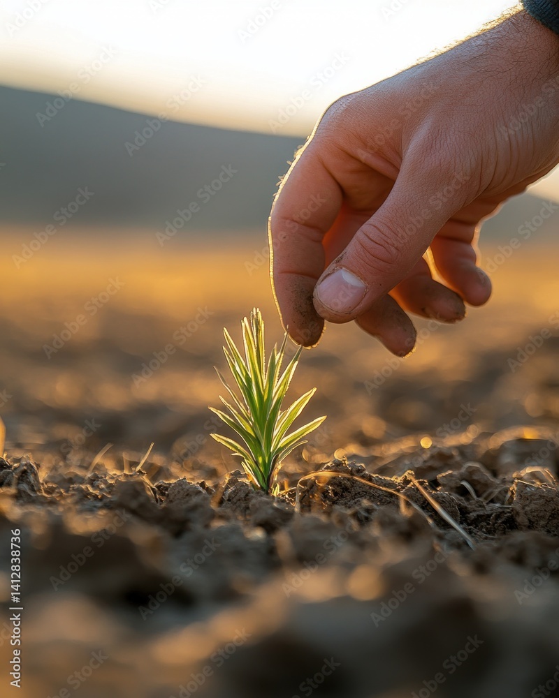 Fototapeta premium Close-up: Hand and Surviving Plant in Barren Field
