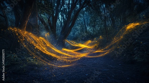Ethereal Light Trails in a Bioluminescent Forest Setting