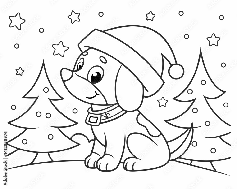 Obraz premium Festive Christmas Puppy Coloring Page – Cute Cartoon Dog in Santa Hat.