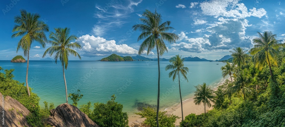 Fototapeta premium Serene Tropical Beach with Turquoise Water Surrounded by Lush Greenery and Palm Trees Under Blue Sky and Fluffy White Clouds