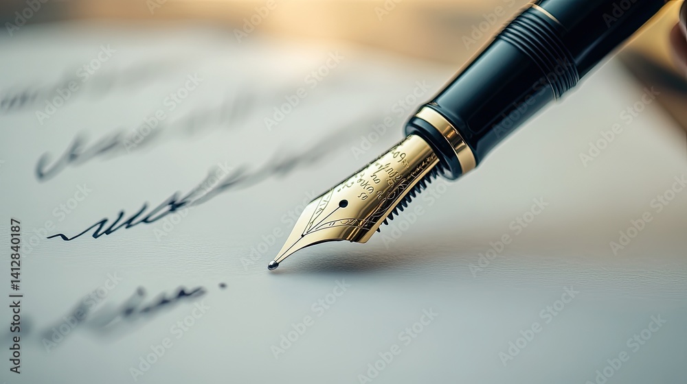Fototapeta premium Close-up of luxury fountain pen signing a high-value contract on premium textured paper, symbol of success and exclusivity in business 