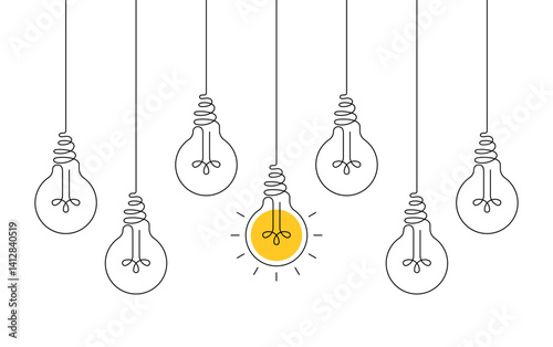 Hanging light bulbs with one glowing on white background. Continuous line drawing light bulb. Concept of idea