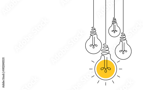 Hanging light bulbs with one glowing on white background. Continuous line drawing light bulb. Concept of idea