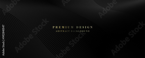 Black abstract background design. Modern wavy line pattern in monochrome colors. Premium stripe texture for banner, business backdrop. Dark horizontal vector template