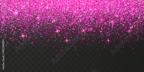 Pink glitter sparkle on a transparent background. Rose Gold Vibrant background with twinkle lights. Vector illustration