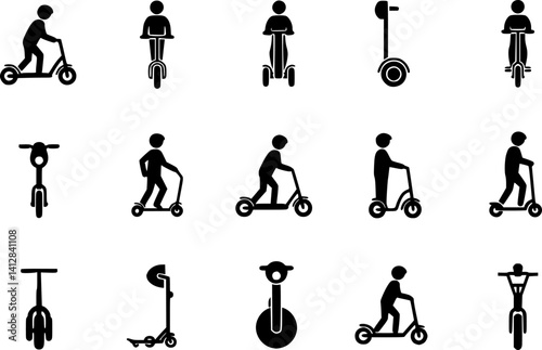Electric Urban Transport Rent Black Silhouette Icon Set. Man Gyro scooter Bike Roller Skate Board Kick Scooter Unicycle Glyph Pictogram. Eco Device Transportation Symbol. Isolated Vector Illustration