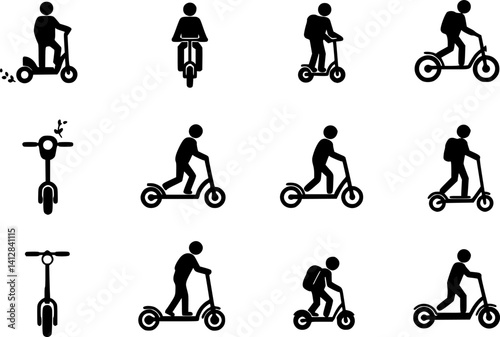 Electric Urban Transport Rent Black Silhouette Icon Set. Man Gyro scooter Bike Roller Skate Board Kick Scooter Unicycle Glyph Pictogram. Eco Device Transportation Symbol. Isolated Vector Illustration