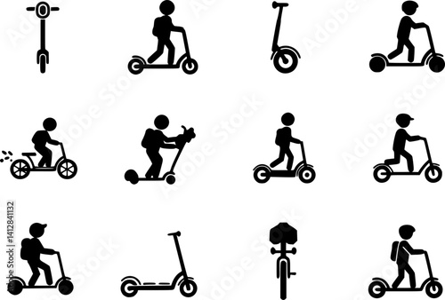 Electric Urban Transport Rent Black Silhouette Icon Set. Man Gyro scooter Bike Roller Skate Board Kick Scooter Unicycle Glyph Pictogram. Eco Device Transportation Symbol. Isolated Vector Illustration