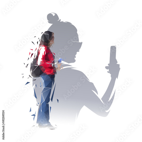 Tourists, group of women, one with backpack, one takes photo with smart phone, isolated vector collage, double exposure illustration
