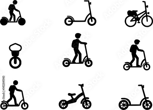 Electric Urban Transport Rent Black Silhouette Icon Set. Man Gyro scooter Bike Roller Skate Board Kick Scooter Unicycle Glyph Pictogram. Eco Device Transportation Symbol. Isolated Vector Illustration
