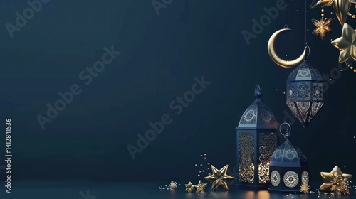 Islamic lanterns, dark background, decorative crescent moon, stars.  Possible use Stock photo for Ramadan, Eid, or Islamic events photo
