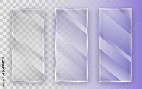 Glass plates set. Glass banners on transparent background. Flat glass. Vector illustration