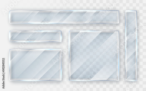 Glass plates set. Glass banners on transparent background. Flat glass. Vector illustration