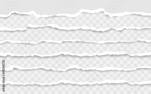 Horizontal torn paper edge. Ripped squared horizontal white paper strips. Vector illustration