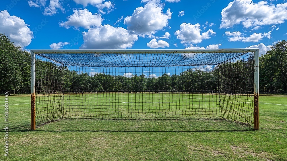 Fototapeta premium Soccer goal net on field with blue sky, and summer.