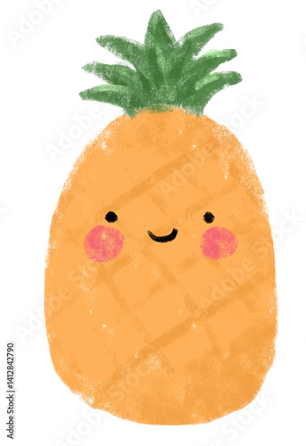 Cute kawaii smiling orange pineapple doodle hand drawn watercolour crayon kids illustration story book character summer digital sticker cutout healthy fruit clipart