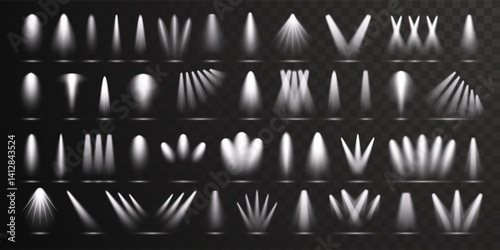 Spotlight set collection on transparent bakground. Light effect. Bright light beam. Vector illustration