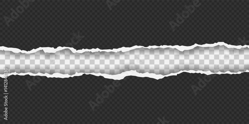 Horizontal torn paper edge. Ripped squared horizontal white paper strips. Vector illustration