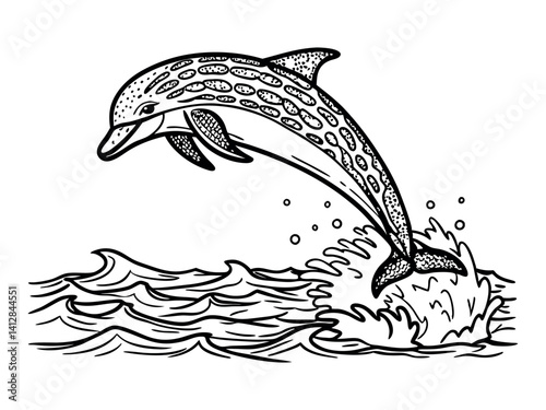 Bottlenose dolphin jumping high with splash. Zentangle and stippled stylized vector illustration. Black and white illustration on white background. Adult anti-stress coloring book. Pattern.