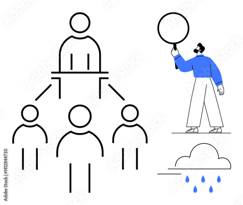 Hierarchical diagram of connected people, man holding magnifier analyzing data, and cloud with rain. Ideal for teamwork, leadership, organization, research, analysis, problem-solving simple landing